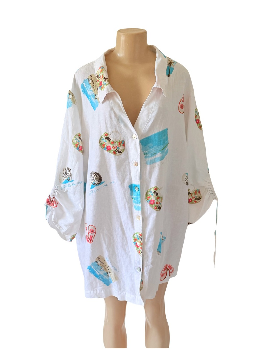 NWT Hot Cotton linen cotton button up ocean sea pattern shirt swim cover up 3X